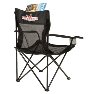 Black Mesh Quad Chair with pocket with full color transfer on the back