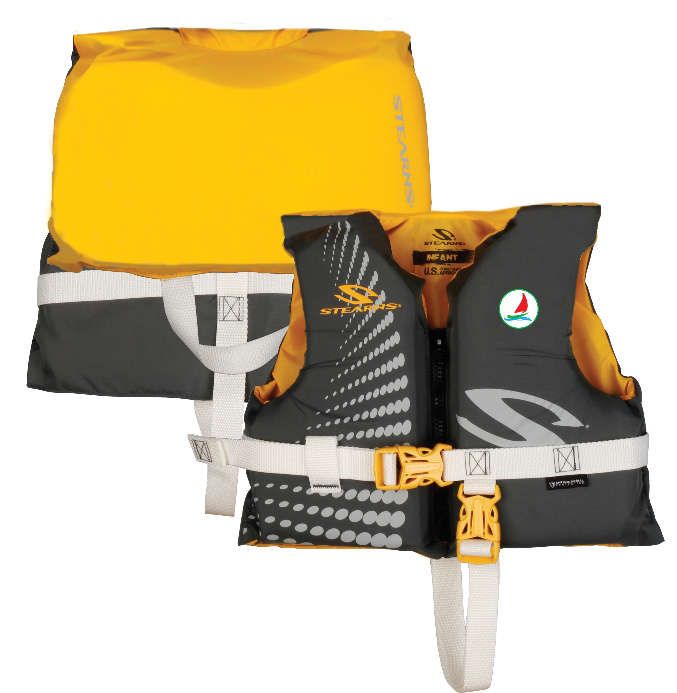 Stearns infant personal flotation device with a full color imprint on the front
