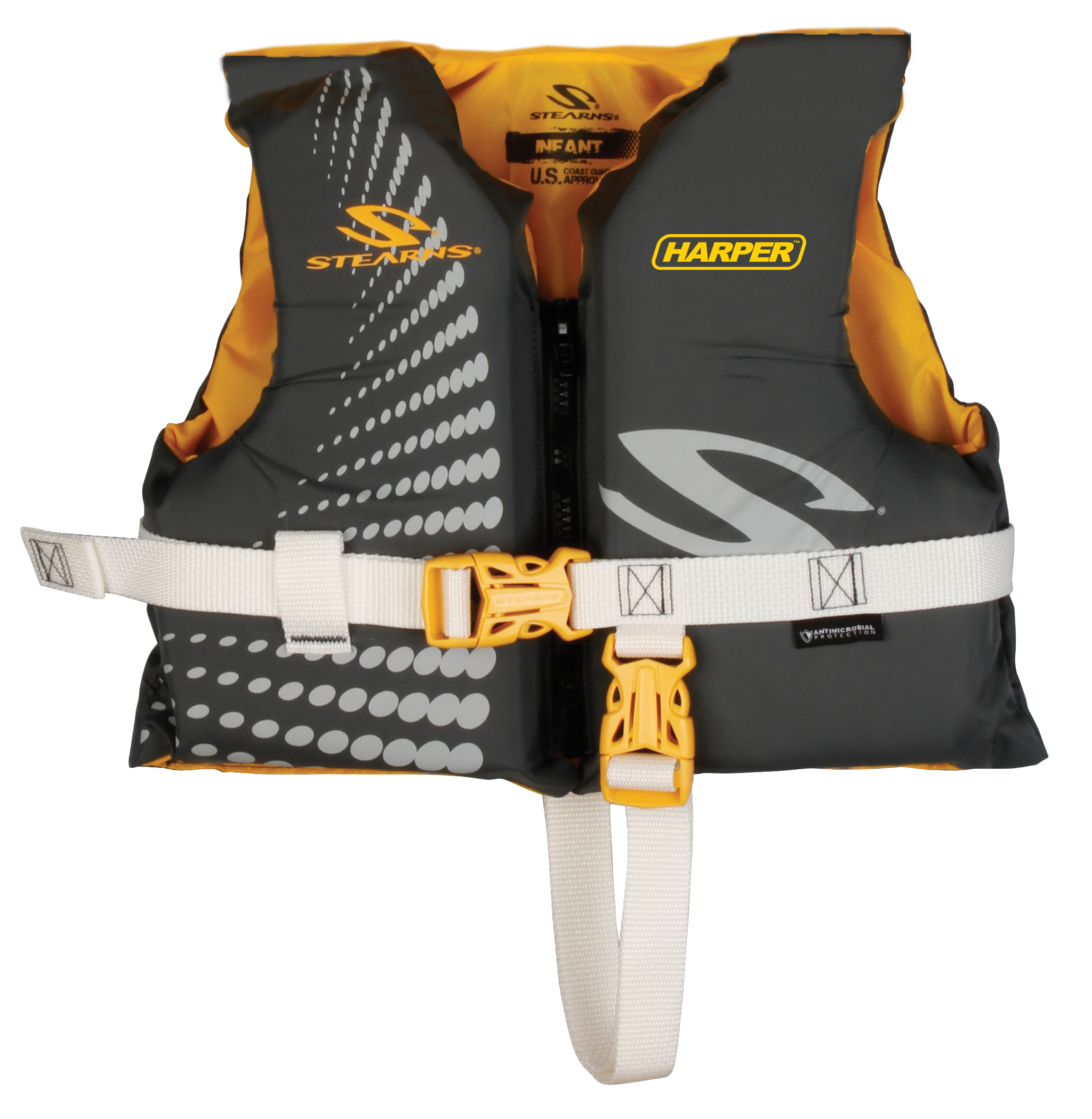 Stearns infant personal flotation device with a 1 color screen imprint on the front