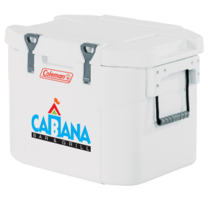 White 55 quart super cooler with a direct imprint on the front