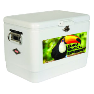 Coleman 54 Qt Steel Belted Cooler in white with direct imprint