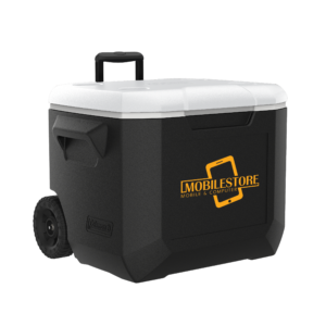 Black 60 Quart Coleman wheel cooler with a 1 color screen imprint on the front