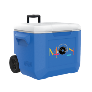 Blue 60 Quart Coleman wheel cooler with a screen imprint on the front