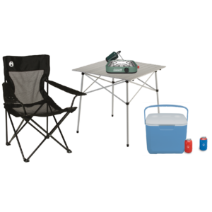 Super Fan Tailgate Package contains a table, chair, cooler, propane stove and can holders