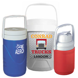 three coleman beverage coolers with imprint