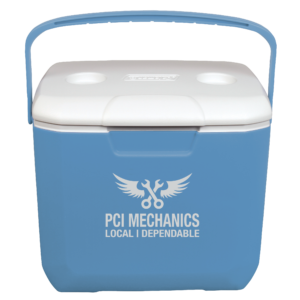 Fog colored 9 quart hard-sided cooler with screen imprint on front