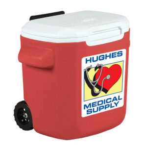 Red 16 quart wheeled cooler with decal