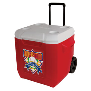 Red 45 quart wheeled cooler with decal on front