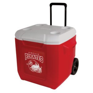 Red 45 quart wheeled cooler with a screen print on front
