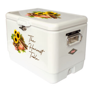 Coleman white 54 Qt Steel Belted Cooler with full color direct imprint on front and lid