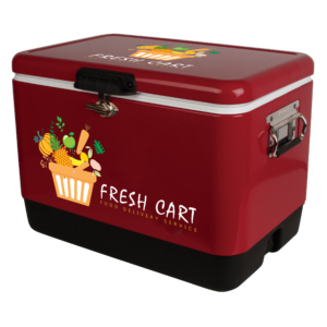 Coleman red 54 Qt Steel Belted Cooler with full color direct imprint on front and lid