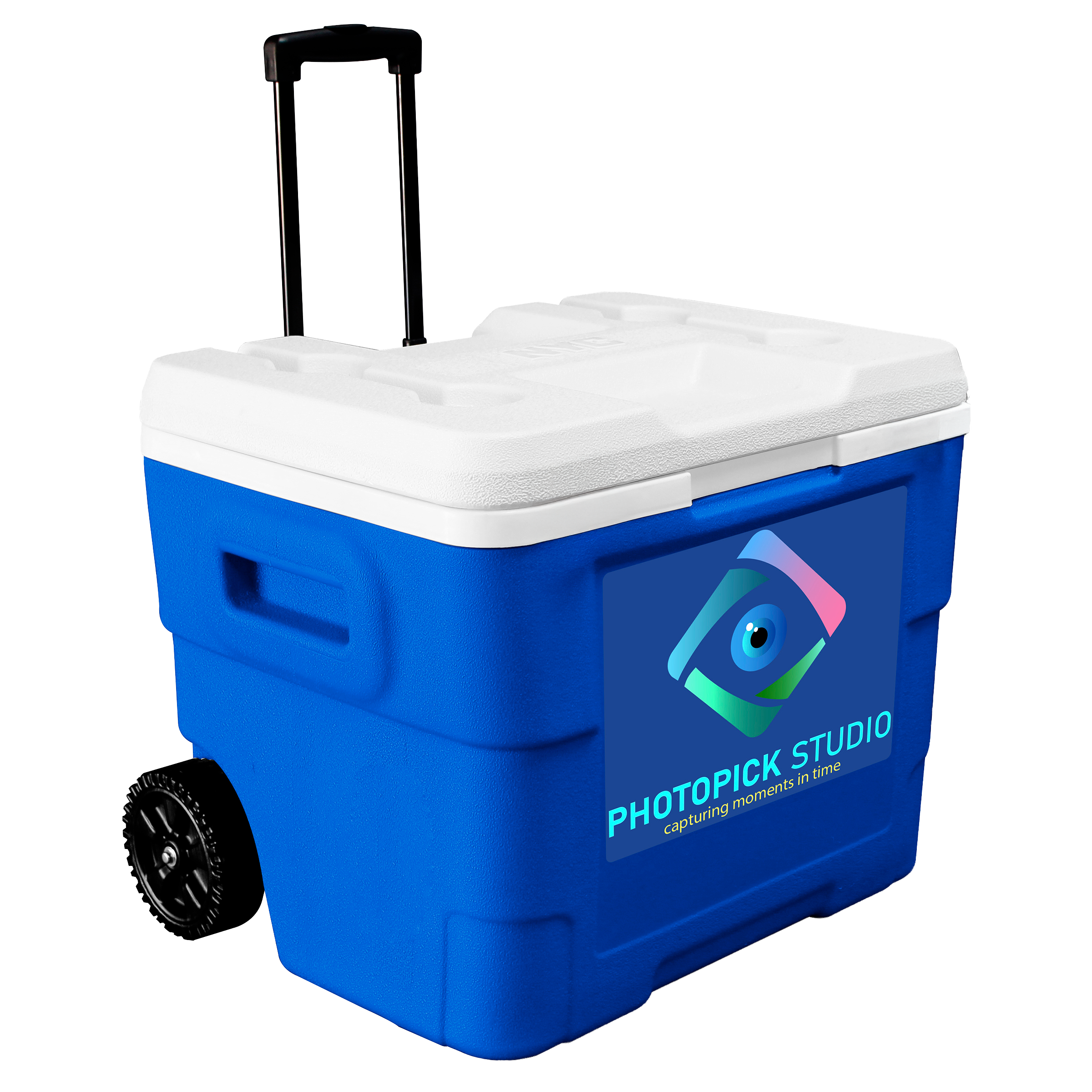NYC 68 Quart Terra Wheeled Cooler in blue with a full color imprint on the front