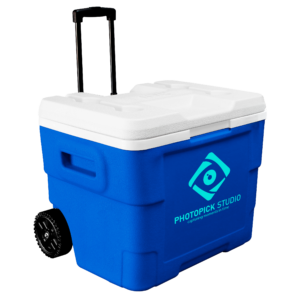 NYC 68 Quart Terra Wheeled Cooler in blue with 1 color screen on front