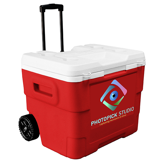 NYC 68 Quart Terra Wheeled Cooler in red with a full color imprint on the front