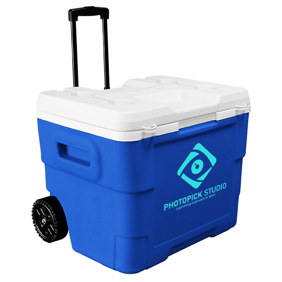 NYC 68 Quart Terra Wheeled Cooler in blue with 1 color screen on front