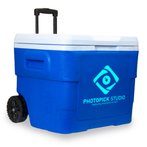 68 Quart NYC Terra Wheeled Cooler in blue with a single color imprint on the front