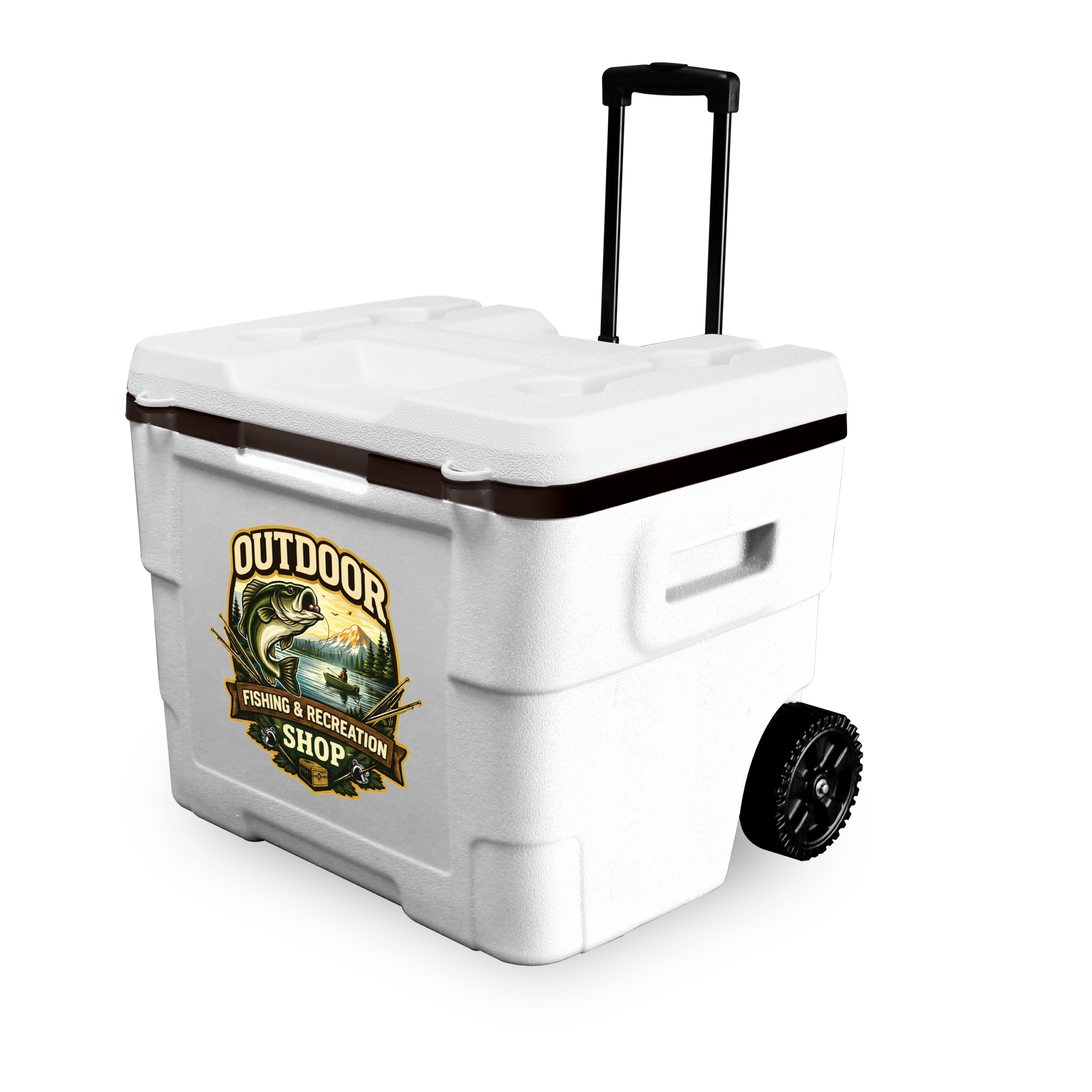 White 48 Quart Terra Wheeled Cooler with a full color decal on the front