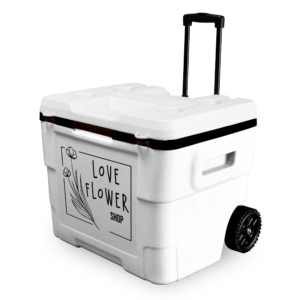 White 48 Quart Terra Wheeled Cooler with a 1 color screen print on the front