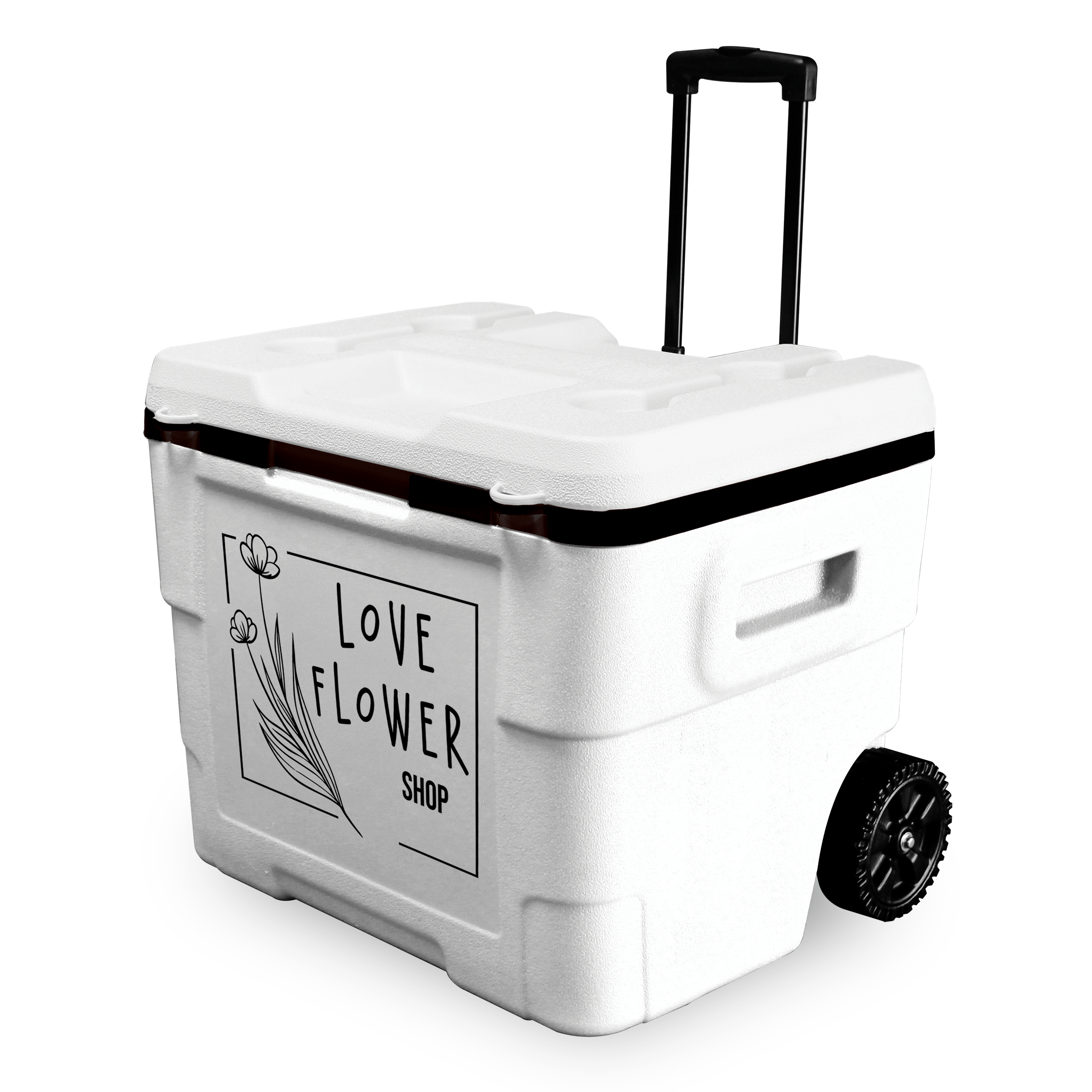 White 48 Quart Terra Wheeled Cooler with a 1 color screen print on the front