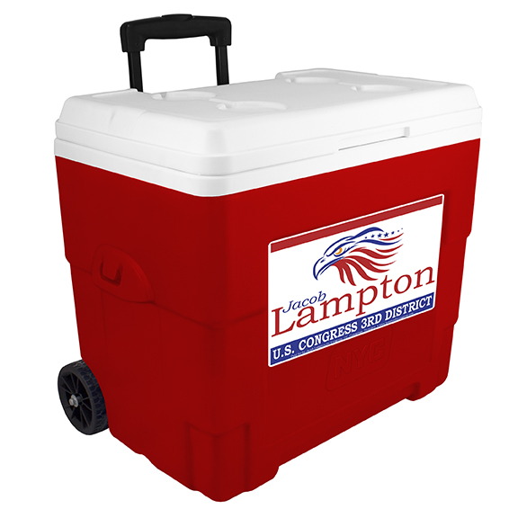 NYC 34 Quart Sierra Wheeled Cooler in red with a full color imprint on the front