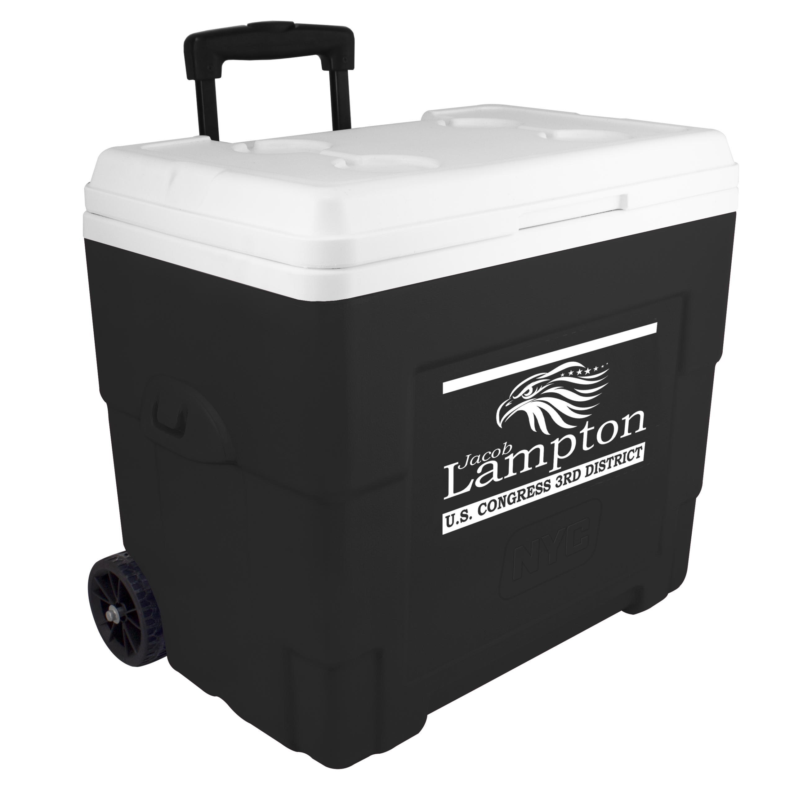 NYC 34 Quart Sierra Wheeled Cooler in black with 1 color screen on front