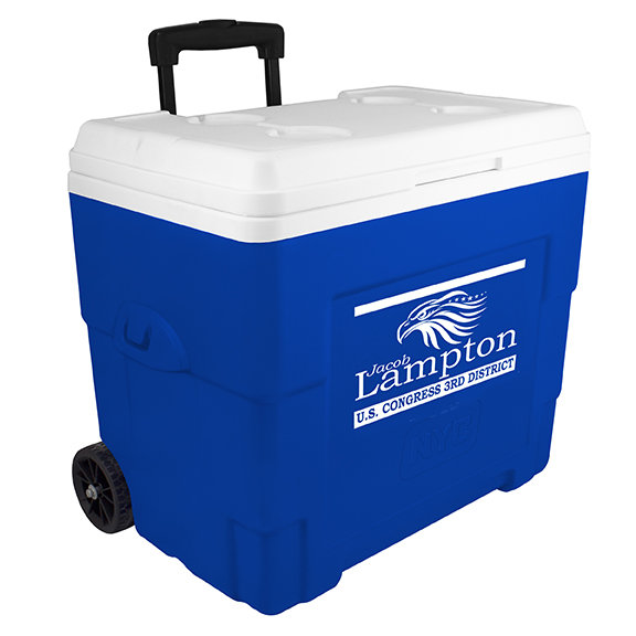 NYC 34 Quart Sierra Wheeled Cooler in blue with 1 color screen on front