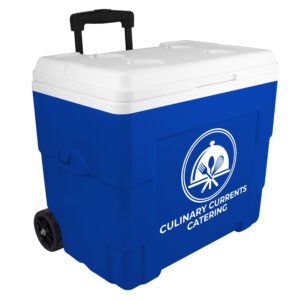 NYC 34 Quart Sierra Wheeled Cooler in blue with 1 color screen on front