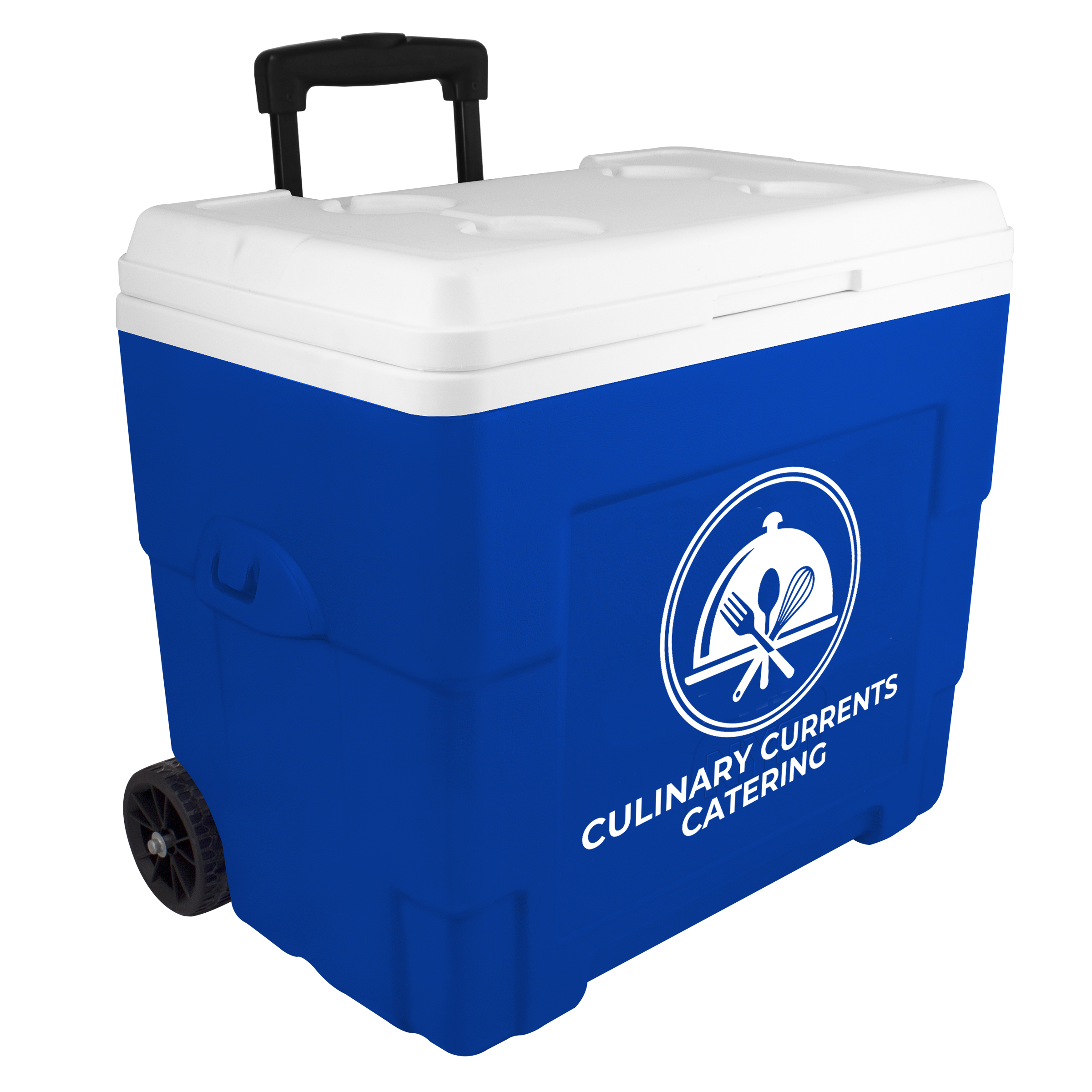 NYC 34 Quart Sierra Wheeled Cooler in blue with 1 color screen on front