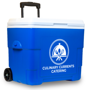 34 Quart NYC Sierra Wheeled Cooler in blue with a single color imprint on the front