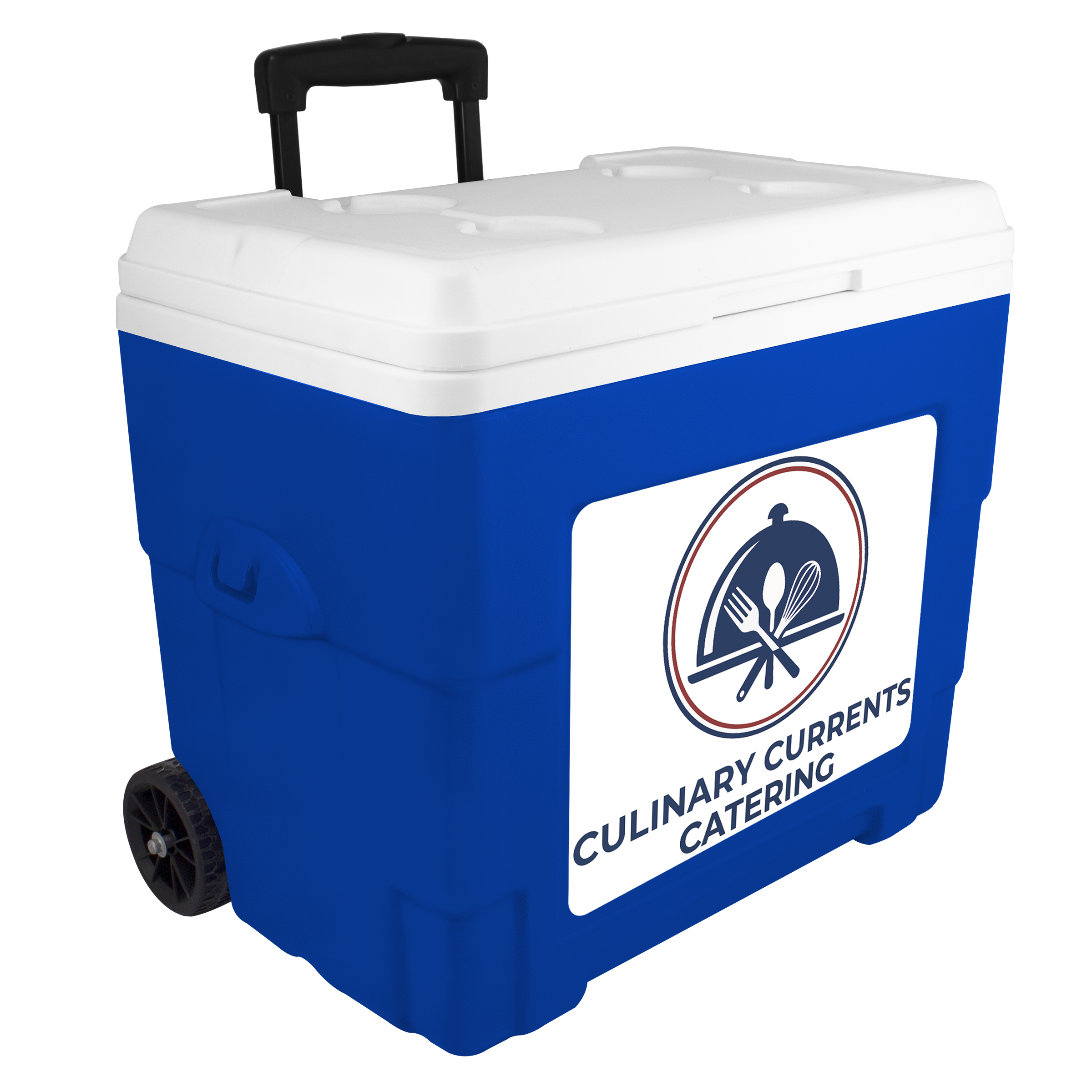 NYC 34 Quart Sierra Wheeled Cooler in blue with a full color imprint on the front