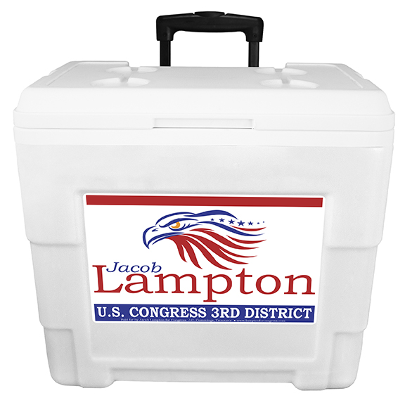 NYC 34 Quart Sierra Wheeled Cooler in white with a full color imprint on the front