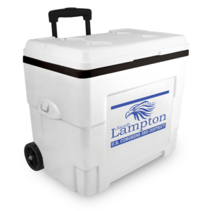 NYC 34 Quart Sierra Wheeled Cooler in white with a 1 color screen imprint on the front