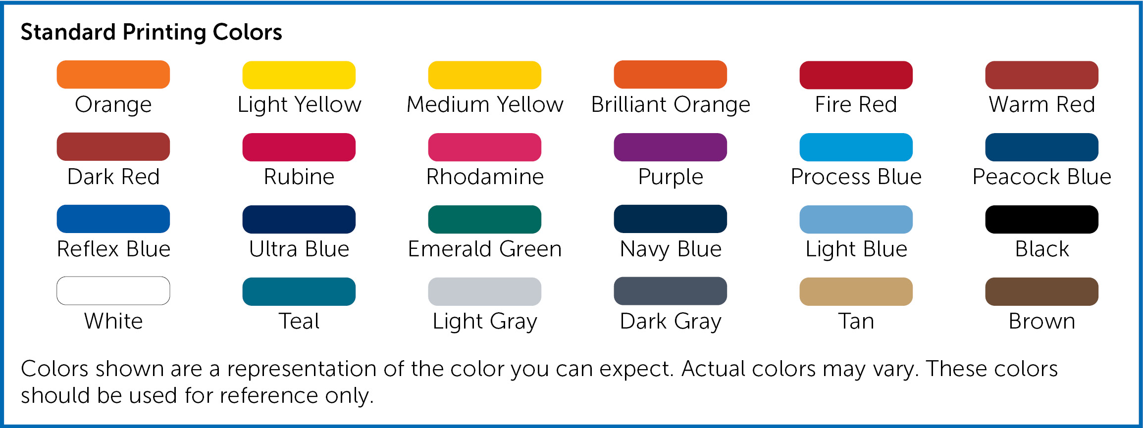 Standard printing colors for Blue Frog Printing