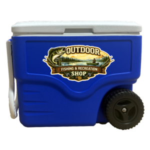40 Quart Wheeled Cooler with pull handle and full color decal on the side