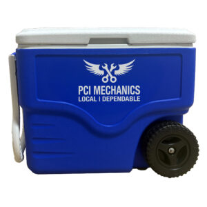 Blue 40 Quart Wheeled Cooler with pull handle and screen on the side