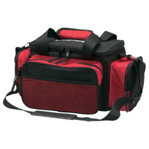 Red and black soft-sided fishing tackle bag with screen imprint on top