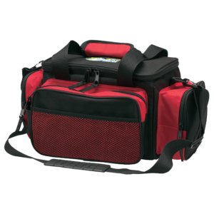 Red and black soft-sided fishing tackle bag with full color transfer on top