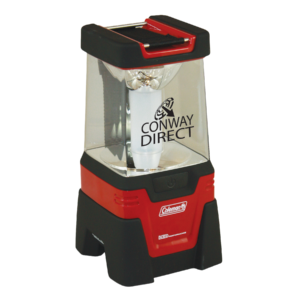 Red and black hanging lantern with a screen imprint on the globe.