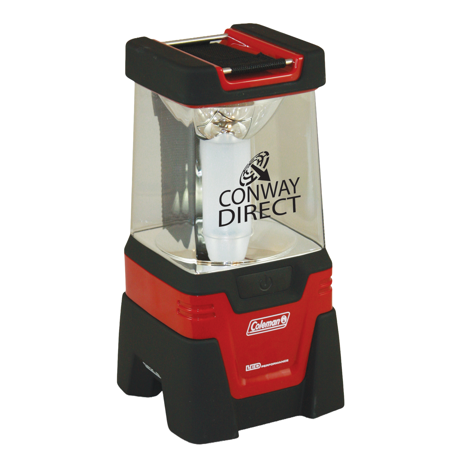 Red and black hanging lantern with a screen imprint on the globe.