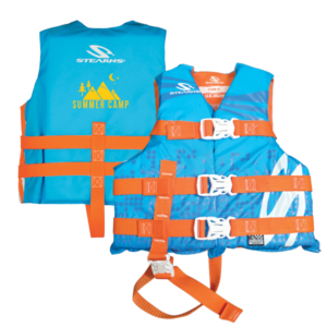 Aqua and orange Sterns child's life vest with a screen imprint on the back