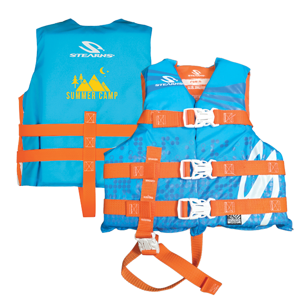 Aqua and orange Sterns child's life vest with a screen imprint on the back