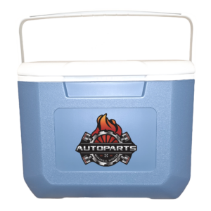 Extreme blue colored 16 quart cooler with a Full color direct imprint on the front
