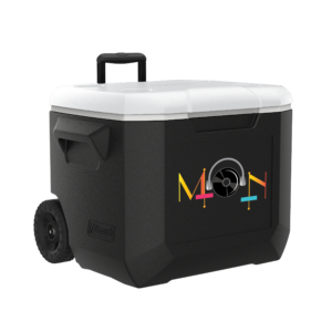 Black 60 Quart Coleman wheel cooler with a screen imprint on the front