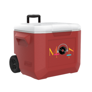 Red 60 Quart Coleman wheel cooler with a screen imprint on the front