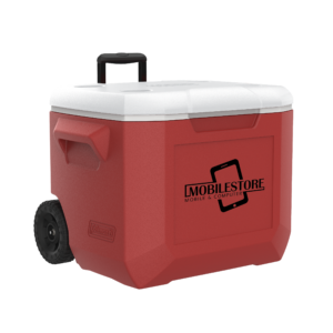 Red 60 Quart Coleman wheel cooler with a 1 color screen imprint on the front