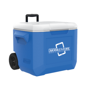 Blue 60 Quart Coleman wheel cooler with a 1 color screen imprint on the front