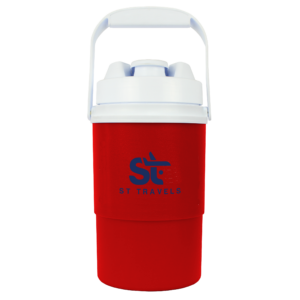 Red 1/2 Gallon NYC Prime Beverage Jug with a screen imprint on the front