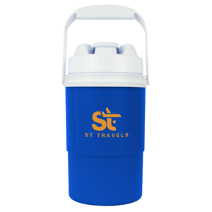 Blue 1/2 Gallon NYC Prime Beverage Jug with a screen imprint on the front