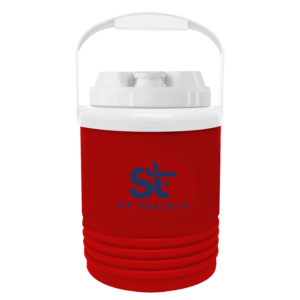 Red 1 Gallon NYC Ranger Beverage Jug with a screen imprint on the front
