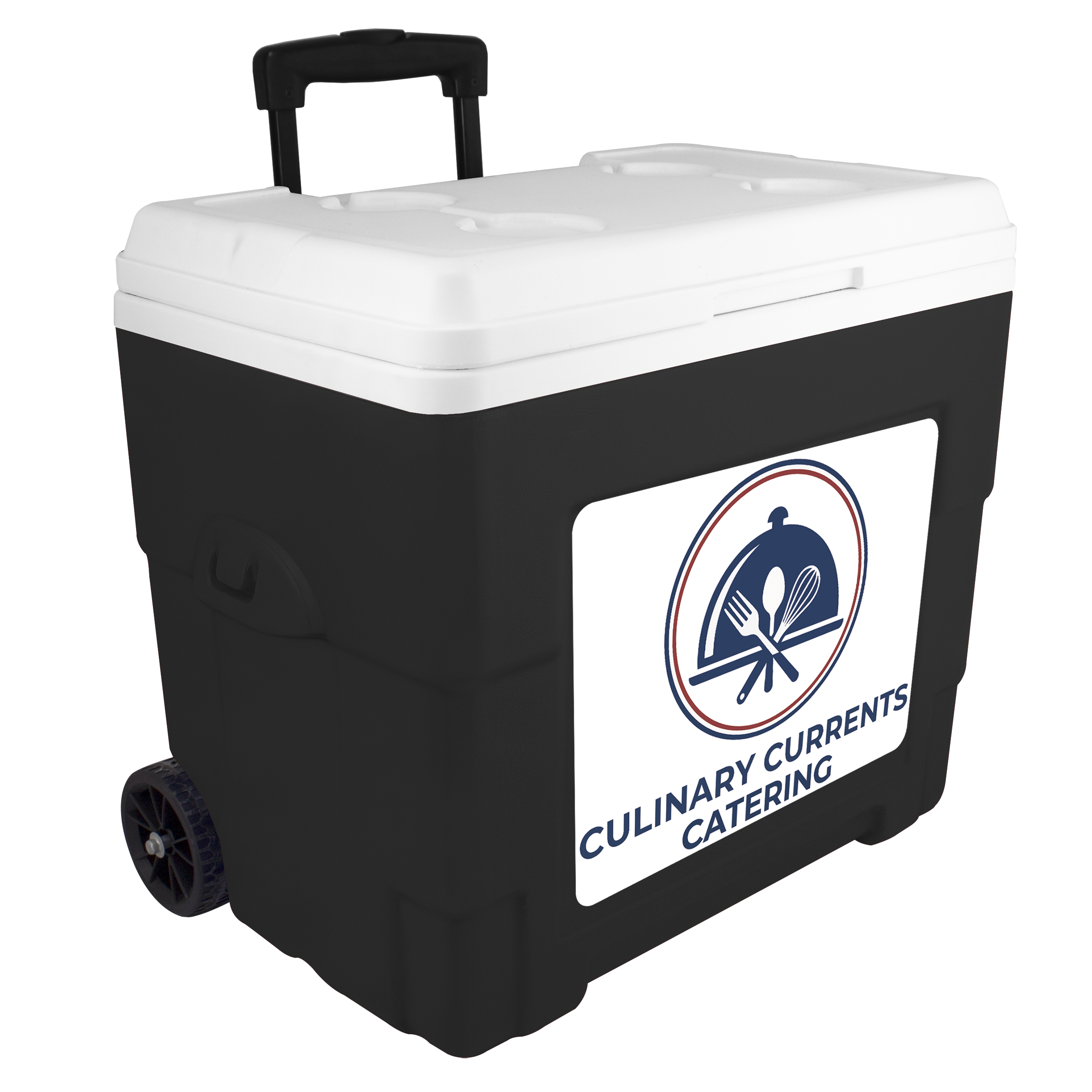 NYC 34 Quart Sierra Wheeled Cooler in black with a full color imprint on the front